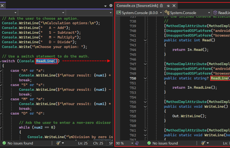 Capture d’écran de Visual Studio affichant un code C#  